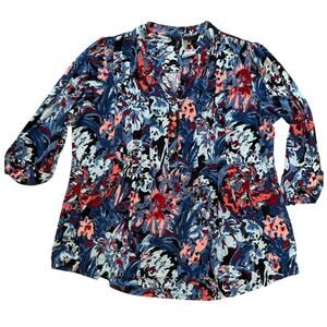 Women's New Directions Curvy Henley Roll Tab  Button Front Pleated Blouse 1X